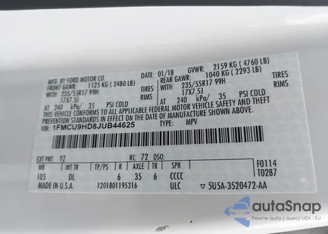 2018 Ford Escape Sel z USA, uszkodzony, nr VIN 1FMCU9HD8JUB44625